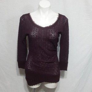 Deletta Anthropologie Purple Fringed Sheer Ribbed Long Sleeve Top M Boho Chic